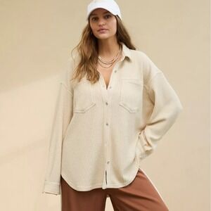 Aerie Women L Anytime Fave Waffle Shirt Cake Batter Oversized Thermal Layer Boho